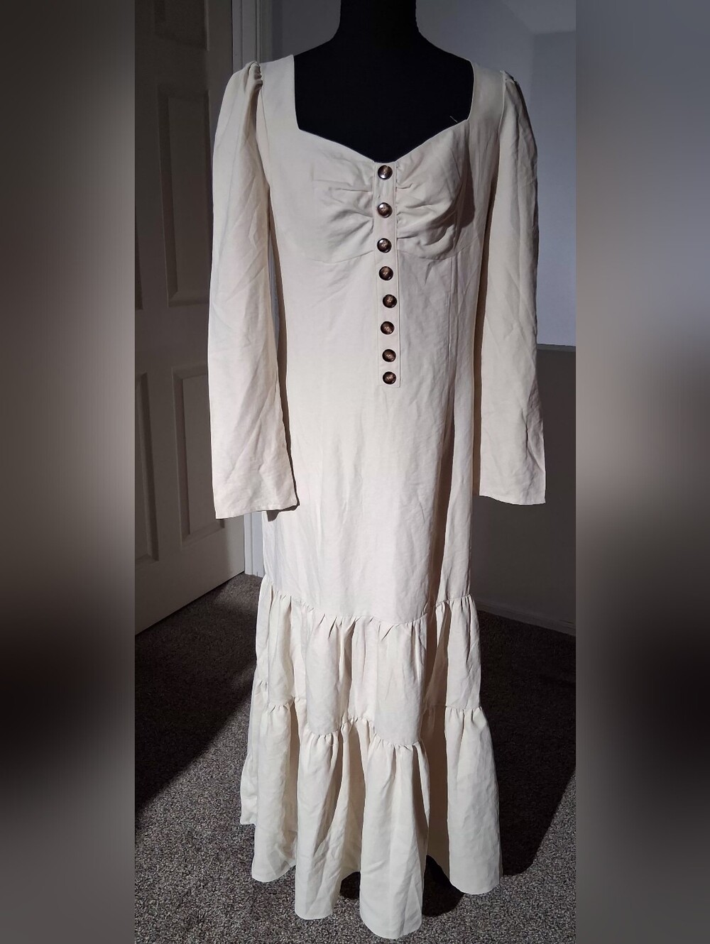 Cream Long-Sleeve Tiered Maxi Dress with Button Front